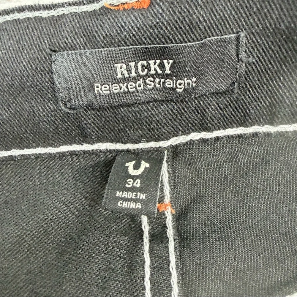 True Religion 34 x 32.5 Ricky Black Single Stitch Straight Leg Jeans